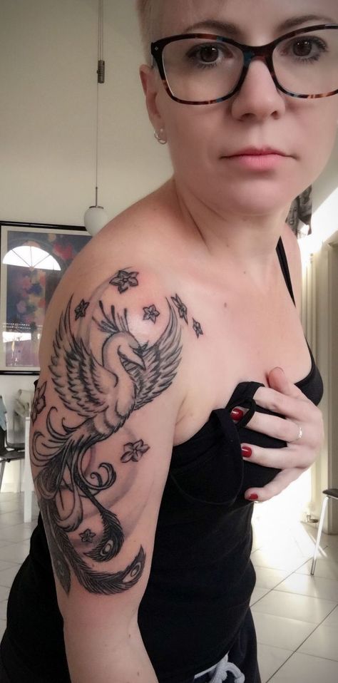 Phoenix Arm Sleeve Tattoo, Rising Phoenix Tattoo Feminine Shoulder, Phoenix Tattoo On Arm, Phoenix Tattoo Feminine Arm, Phoenix With Flowers Tattoo, Phoenix Tattoo Shoulder, Phoenix Shoulder Tattoo, Phoenix Arm Tattoo, Phoenix And Flower Tattoo