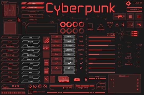 Set of UI and HUD game ready elements in digital and cyberpunk style. Style Cyberpunk, Play Hacks, Ui Design Website, Game Interface, Game Ui Design, Industrial Design Sketch, High Tech Gadgets, Cyberpunk Style, Drawing Stuff