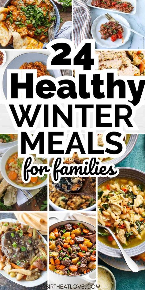 Looking for healthy winter meals when it's cold out? Here's some meal planning ideas for healthy winter dinner recipes that make good cozy meals for family. You'll find hearty, nourishing winter meals that are low carb, clean eating friendly, and good recipes for cold weather. Check out these warm winter meals! Healthy Husband Approved Meals, Healthy Eating For Families, Winter Dinner For A Crowd, Healthy Meals For Large Groups, Clean Winter Meals, Health Winter Dinner Recipes, Healthy Meals That Freeze Well, Crockpot Recipes Winter Meals, Healthy Winter Meal Prep