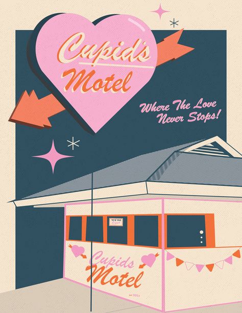 graphic art print featuring a retro motel titled Cupid's Motel. It has a giant heart with an arrow through it as the sign. Background is begin & dark turquoise Motel Aesthetic, Trixie Motel, Vintage Hotels, Chicago Il, Holiday Cards, Chicago, Digital Prints, Ships, Tote Bag