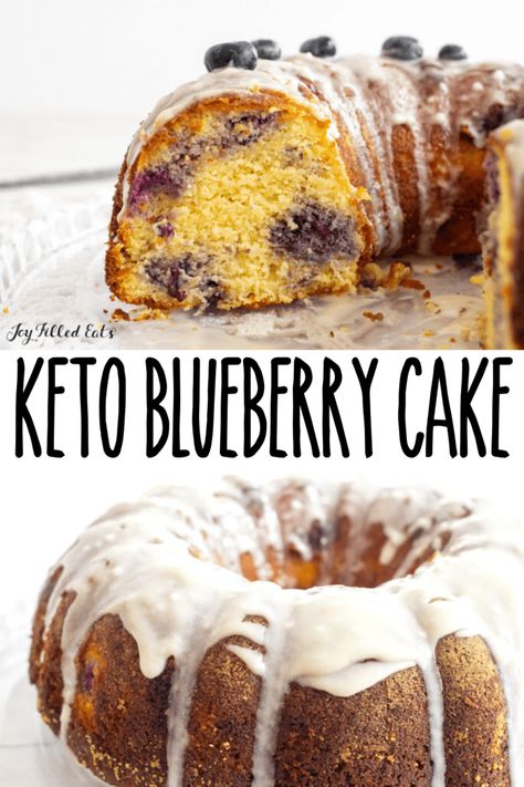 Keto Blueberry Cake is a flavorful dessert drizzled in a homemade glaze. The sweet and tangy combination of lemon and blueberries is sure to tantalize your taste buds. Enjoy a slice as an afternoon treat with a cup of tea or coffee, or take it to a potluck. It's gluten-free, keto, sugar free, and THM-friendly. Homemade Glaze, Trim Healthy Mama Dessert, Blueberry Bundt Cake, Keto Blueberry, Ketogenic Desserts, Low Carb Cake, Joy Filled Eats, Blueberry Lemon Cake, Thm Desserts