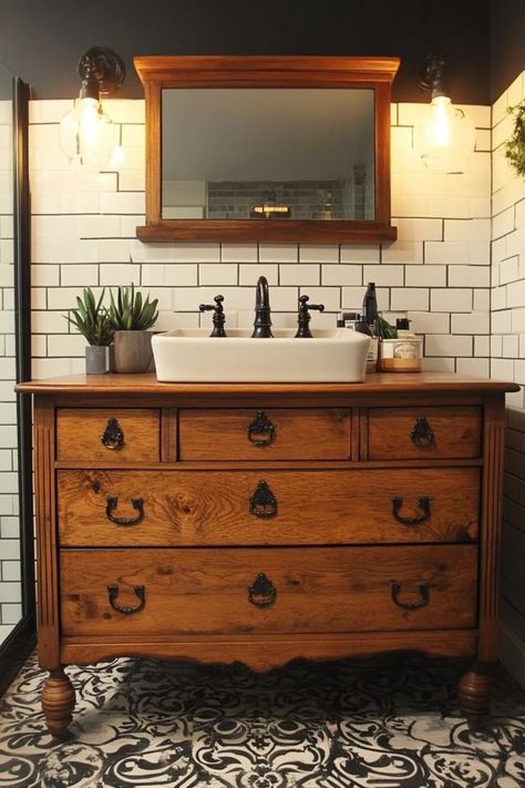 "Turn an old dresser into a Custom Bathroom Vanity for a stylish update! 🛠️🚿 Ideal for a rustic, farmhouse feel. #DIYVanity #RepurposeProjects #FarmhouseBathroom" Wooden Bathroom Vanity Antique, Sink On Antique Dresser, Recycled Vanity Bathroom, Sideboard Turned Into Vanity, Dresser To Sink Vanity Diy, Furniture Sinks Bathroom, Vessel Sink On Dresser, Antique Furniture Sink Bath Vanities, Old Dresser Bathroom Vanity Bowl Sink