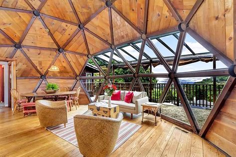 Geodesic house interior with views Geodome House, Dome House Plans, Geodesic Dome House, Dome Homes, Geodesic Dome Homes, Dome Building, Light Hardwood Floors, Dome Home, Cob House