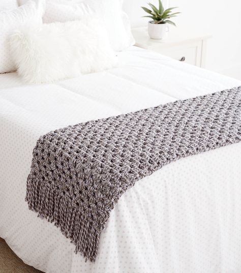 How To Crochet A Bed Scarf - Handmade by JoAnn Fabric & Craft Stores Bed Runners Ideas, Crochet Bed, Bed Scarf, Viking Sewing, Blanket Bed, Diy Scarf, Bed Runner, Crochet Pillow, Crochet Throw