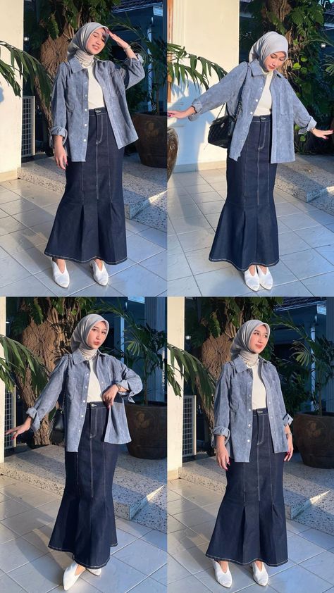 Mermaid Skirt Outfit Hijab, Denim Hijab Outfit, Rok Jeans Hijab Ootd, Denim Outfit Hijab, Ootd Rok Jeans Hijab, Ootd Rok Jeans, Style Hijab Casual, Outfit Ideas Dressy, Rok Outfit