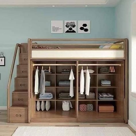 Cama Closet, Loft Beds For Small Rooms, Build A Loft Bed, A Loft Bed, Mezzanine Bed, Bed With Wardrobe, Space Saving Furniture Bedroom, Loft Style Bedroom, Beds For Small Rooms