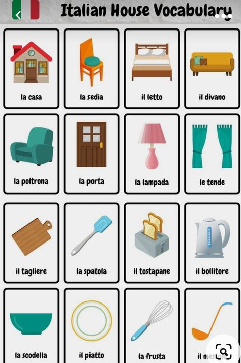 Italian Language Learning Basic, Italian Vocabulary Words, Learning Italian Beginners, Italy Learning, Language Learning Games, English To Italian Words, Italian For Beginners, House Vocabulary, Italian Learning