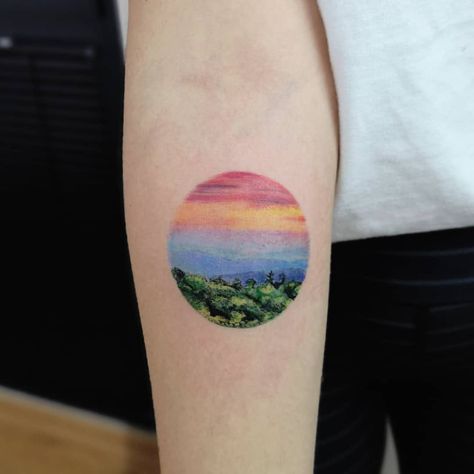 Tattoo uploaded by Tattoodo • Landscape tattoo by Hakan Adik #HakanAdik #EarthDaytattoos #EarthDay #Earthtattoo #landscapetattoo #earth #planet #landscape #land #nature #sunset #trees #forest #mountains #sky • 949638 • Tattoodo Color Landscape Tattoo, Blue Ridge Tattoo, Blue Ridge Parkway Tattoo, Sunset Back Tattoo, Colored Mountain Tattoo, Blue Ridge Mountain Tattoo, Sunset Tattoo Color, Mountain Tattoo Color, Blue Ridge Mountains Tattoo