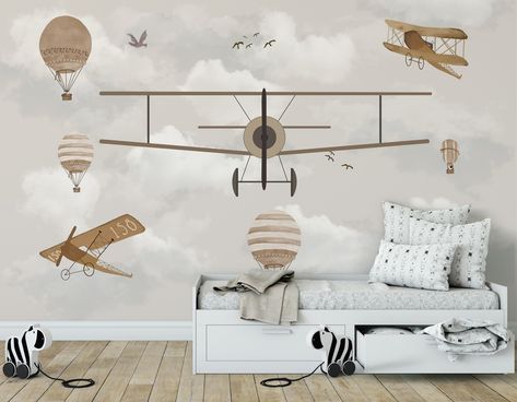 Airplane And Hot Air Balloon Nursery, Balloons Wallpaper, Animal Bedroom, Kindergarten Wallpaper, Travel Nursery, Airplane Nursery, Airplane Flying, Kids Room Murals, Babies Room