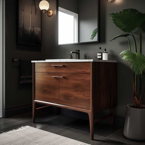 Small Bathroom Mid Century, Dark Mid Century Bathroom, Dark Mid Century Modern Bathroom, Modern Wood Bathroom Vanity, Midcentury Modern Powder Room Ideas, Mid Century Modern Half Bathroom, Bathroom With Dark Wood Vanity, Mid Century Modern Powder Room, Walnut Vanity Bathroom