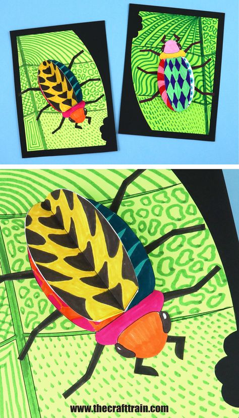 3D bugs decorated with doodles pictured on a patterned leaf with bite marks in it Alice Coachman, Insect Art Projects, Insect Craft, 3d Art Projects, Insect Crafts, Bug Crafts, Bug Art, Kids Exploring, Insect Art