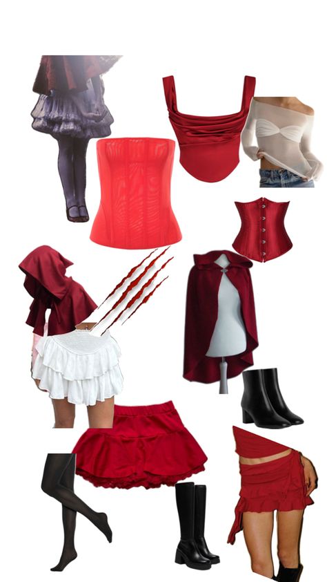 Red Skirt Costume Ideas, Red And Black Costume Ideas, Red Fitted Skirt For Halloween, Little Red Riding Hood Costume College, Red Hood Outfit, Fairytale Halloween Costumes, Diy Little Red Riding Hood Costume, Red Skirt For Halloween Cosplay, Halloween Costume Little Red Riding Hood