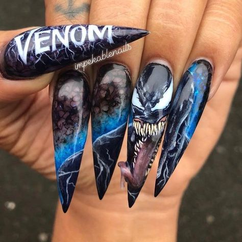 Comic Nail Art, Marvel Nails, Halloween Nail Design, Horror Nails, Halloween Acrylic, Halloween Acrylic Nails, Red Acrylic Nails, Gothic Nails, Long Nail Designs