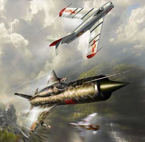 MiG-21 Fishbed & MiG-17 Fresco, Vietnam War (Peter van Stigt) Mig 17, Russian Aircraft, F4 Phantom, Mig 21, Airplane Art, Military Airplane, Diesel Punk, Air Fighter, Jet Fighter