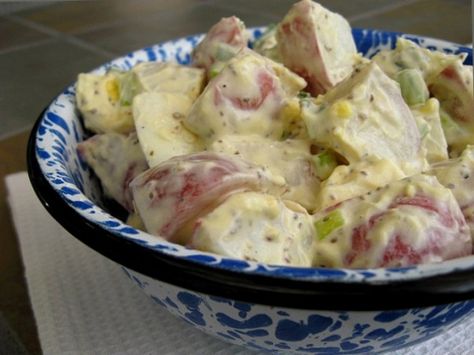 A different type of potato salad. It is slightly sweet. I have a favorite recipe with mustard, but sometimes, this just seems appropriate. Cook and prep time does not include 12 hour marinating time. Recipe With Mustard, Potato Salad Recipes, Types Of Potatoes, Potato Salad Recipe, Incredible Edibles, Celery Seed, Cooking For One, Wine Vinegar, Green Onion