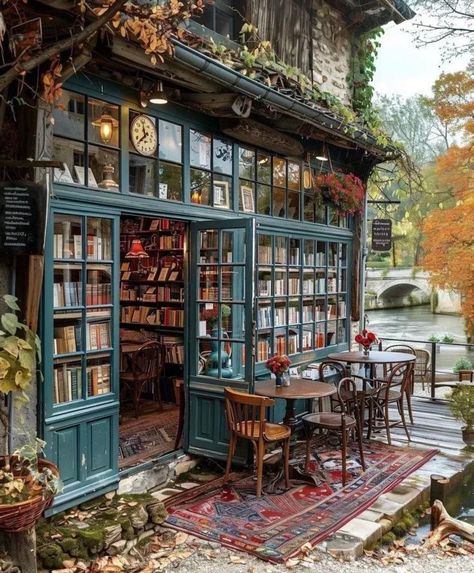 Cool Bookstore Design, Cozy Book Store Cafe, Concept Cafe Ideas, Flower Book Cafe, Book Store Cafe Design, Little Cafe Design, Flower Shop Inspiration, Flower Cafe Shop, Fairy Coffee Shop