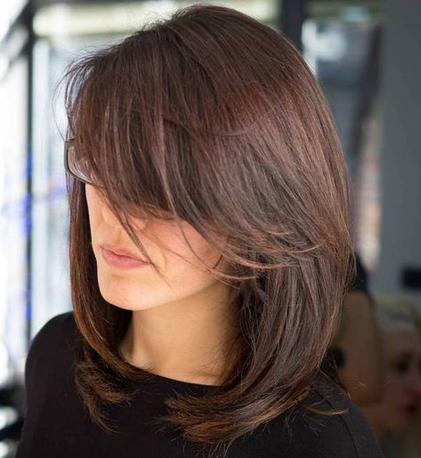 Medium Layered Haircut With Long Side Bangs Side Bang Haircuts, Lob Haircut With Bangs, Long Side Bangs, Side Bangs Hairstyles, Layered Hair With Bangs, Swept Bangs, Medium Layered Haircuts, Long Bob Haircuts, Side Swept Bangs