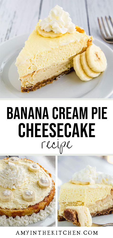 A delicious banana cream pie cheesecake recipe that is sure to wow any crowd. The most smooth and velvety cheesecake ever! Layers of decadent vanilla bean cheesecake, fluffy banana cream and homemade whipped topping make this a dessert you'll want to serve over and over again! Banana Cream Pie Cheesecake, Banana Cheesecake Recipe, Banana Cream Pie Cake, Homemade Whipped Topping, Banana Creme Pie, Holiday Cheesecake Recipes, Cream Cheese Pie Recipes, Easy Banana Cream Pie, Banana Cream Cheesecake