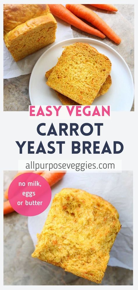 If you’re looking for a unique way to eat your carrots, or use up your leftovers in a way that isn’t carrot cake, you’re going to love this recipe for vegan carrot yeast bread loaf bread. This vibrant orange-colored bread is golden and chewy on the outside, with a fluffy and soft crumb that’s speckled with shredded carrots, with no eggs, milk or even butter required. #healthybread #veganbread #carrotbread #easyrecipes #yeastbread Carrot Yeast Bread Recipe, Yeast Bread Loaf, Colored Bread, Carrot Sandwich, Carrot Bread Recipe, Healthy Easter Treats, Pullman Loaf, Carrot Bread, Bread Yeast