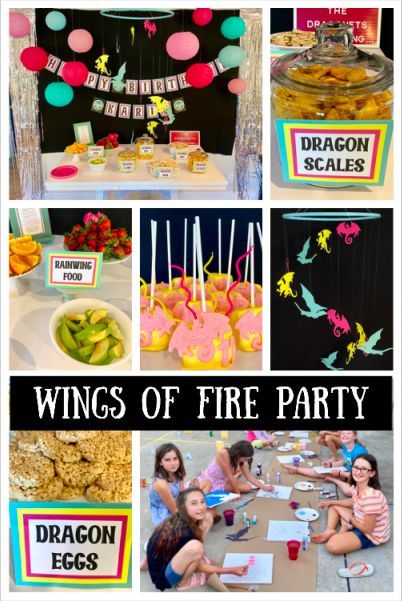 Wings of Fire fans will love these fun ideas for creating an epic dragon themed birthday party. Seawings, Skywings, and Rainwings will feast at the spread of tasty treats and party goers get to make a dragon eye ring, paint a dragon scene, and go for a dragon egg hunt. Dragon Birthday Activities, Dragon Bday Party Ideas, Dragon Birthday Party Games, Wings Of Fire Decorations, Wings Of Fire Valentine Box Ideas, Wings Of Fire Party Games, Wings Of Fire Dragon Birthday Party, Dragon Birthday Party Food, Dragon Party Decorations Diy