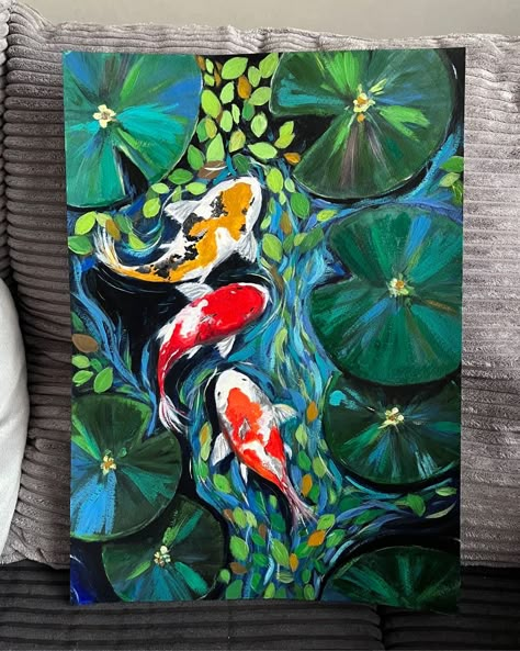 Japanese Koi Fish Acrylic Painting, Canvas Painting Koi Fish, Koi Carp Painting, Koi Oil Painting, Koi Pond Painting Acrylics, Koi Art Painting, Simple Koi Fish Painting, Acrylic Koi Fish Painting, Koi Gouache