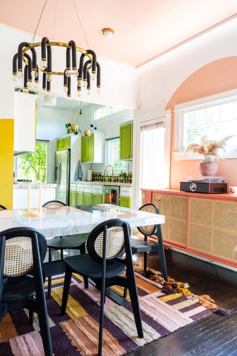 Dani Dazey Bungalow Colorful Maximalist Los Angeles House Tour Photos | Apartment Therapy Kitchen Counter And Backsplash, Dani Dazey, Airbnb Interior, La House, Future People, Upholstered Headboards, Spatial Design, Tile Designs, Backsplash Tile