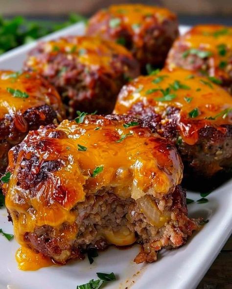 Paula Deen 👩🏻‍🍳 | Cheesy Stuffed Meatloaf Bites | Facebook Meatloaf Bites, Stuffed Meatloaf, Stuffed Meatballs, Meatloaf Ingredients, Prime Rib, My Recipes, Beef Recipes Easy, Meatloaf Recipes, 1 Pound