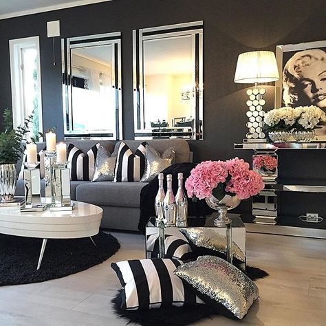 Chanel Inspired Living Room, Glamour Room, Luxurious Living Rooms, Black Living Room Decor, Chanel Decor, Black Living, Black And White Living Room, Black Living Room, Modern Style House Plans