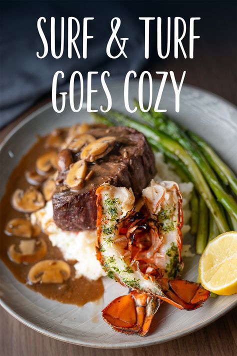 Fall dinner tip: Surf & Turf is ready for cozy season with the addition of comforting sides, like mashed potatoes and mushroom gravy. Surf And Turf Recipes, Surf N Turf Recipes, Fall Meal, Surf N Turf, Lobster Dinner, Surf Turf, Surf And Turf, Mushroom Gravy, Maine Lobster