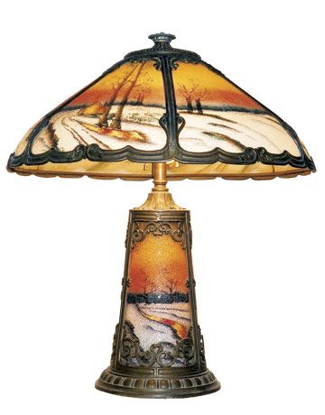 Reverse painted glass lamp. Very popular from about 1910-30. American. "Lighthouse" shaped base, the shade and base both framed and trimmed with metal decorative "frames" (shade) and "mounts" (base). Handel Lamps, Farm Show, Decorative Frames, Antique Accessories, Antique Tiffany, Victorian Table, Antique Light Fixtures, Reverse Painted Glass, Tiffany Lamp