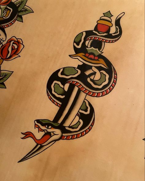 Sailor Jerry Snake Tattoo, Forarm Tattoos American Traditional, Traditional Style Snake Tattoo, Snake American Traditional Tattoo, American Traditional Painting, Traditional Tattoos Snake, Vintage American Traditional Tattoo Flash, Traditional Tattoo Art Men, Trad Snake Tattoo