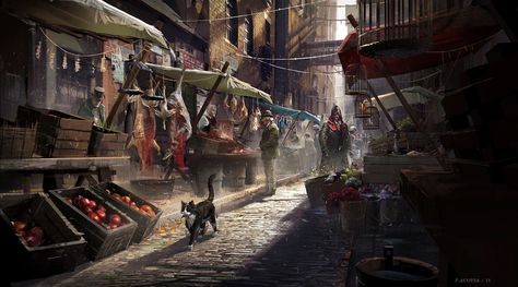 Alley Market - Characters & Art - Assassin's Creed Syndicate Medieval Market, Fantasy Shop, Assassins Creed Syndicate, Fantasy Town, Bg Design, Concept Art World, Landscape Concept, Fantasy City, Fantasy Setting