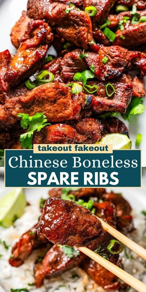 Make this mouthwatering recipe for Chinese Boneless Spare Ribs. They're cooked until perfectly crispy on the outside and wonderfully tender and juicy on the inside. Each rib is generously coated in a delectable sauce that perfectly balances sweet, savory, and tangy flavors, making them irresistibly delicious. Chinese Boneless Spare Ribs, Boneless Ribs Recipe, Asian Ribs Recipe, Boneless Spare Ribs, Boneless Country Style Pork Ribs, Diethood Recipes, Pork Spare Ribs Recipe, Boneless Pork Ribs, Takeout Recipes