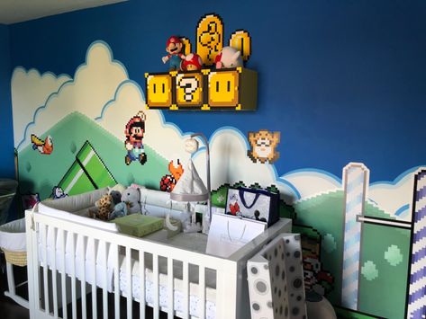 Nintendo Nursery, Super Mario Nursery, Mario Nursery, Geek Nursery, Nintendo Room, Super Mario Theme, Ikea Eket, Mario Theme, Large Wall Murals