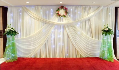 Wedding Drapery, Pipe And Drape Backdrop, Birthday Party Background, Decoration For Ganpati, Curtain Backdrops, Wedding Backdrop Design, Background Diy, Pipe And Drape, Backdrop Design