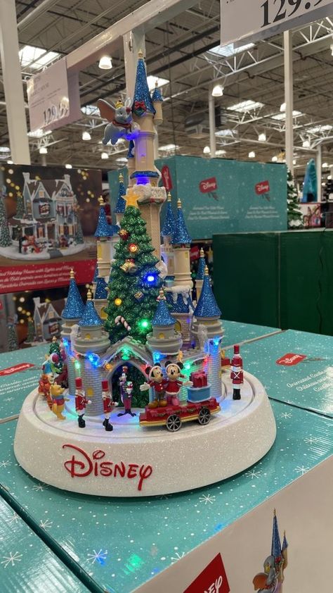 Disney Chrismas Tree, Disney Village Christmas, Disney Christmas Village Display, Iced Christmas Tree, Disney Themed Christmas, Disney Gingerbread House, Disney Christmas Decor, Disney Christmas Village, Christmas Castle