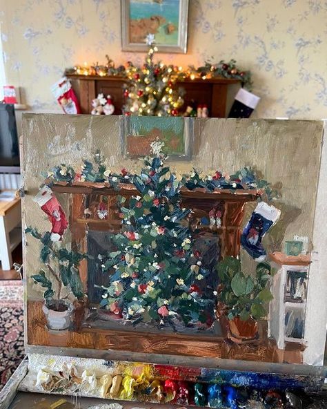 Christmas Scene Painting, Winter Oil Painting, Christmas Scenery Paintings, Aesthetic Christmas Painting, Christmas Oil Paintings, Christmas Landscape Painting, Tree Wall Painting, Christmas Landscape, Christmas Scenery