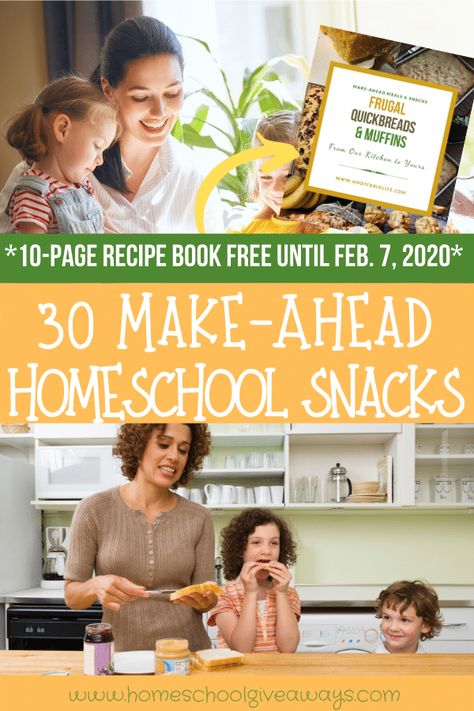 30 Make Ahead Homeschool Snacks with free recipe booklet for a limited time! #homeschoolsnacks #hsgiveaways Homeschool Snacks, Homemade School Snacks, Rhubarb Coffee Cakes, Packing School Lunches, Cornbread Easy, Math Drills, Kid Snacks, Homeschooling Ideas, Homeschool Kindergarten