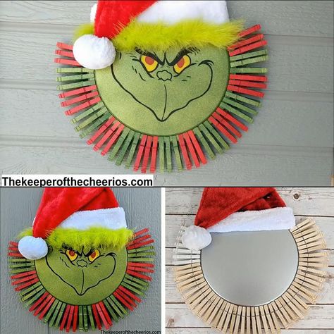 Grinch Pizza Pan Clothespin Wreath #christmas #christmaswreath #clothespinwreath #grinch #grinchwreath #christmascraft #dollarstore #dollarstorewreath #easywreath #christmascraft Clothespin Wreath, Grinch Crafts, Grinch Wreath, Grinch Decorations, Christmas Clothespins, Whoville Christmas, Grinch Christmas Party, Grinch Christmas Tree, Grinch Christmas Decorations