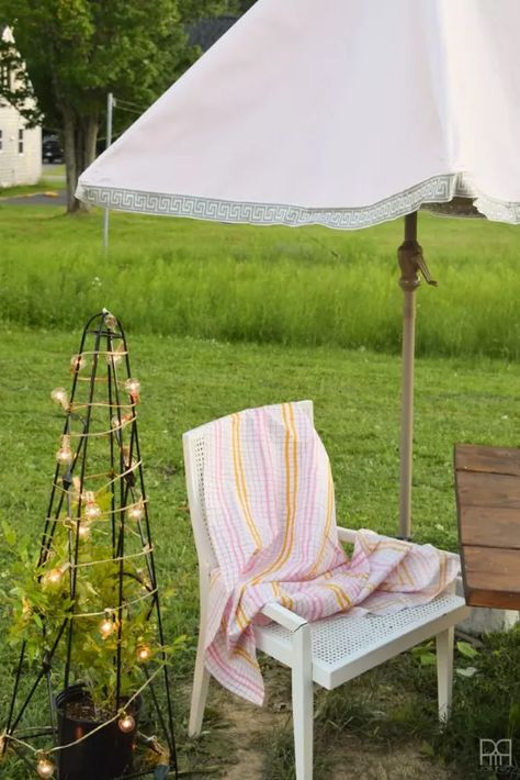 Painting The Patio Umbrella | Hometalk Nightstand Remodel, Ikea Nightstand, Fairy Lights In Trees, Fabric Spray Paint, Diy Privacy Fence, Patio Furniture Makeover, Iron Patio Furniture, Wrought Iron Patio Furniture, Building A Kitchen