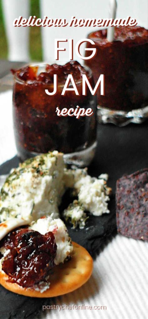 Delicious homemade fig jam is an easy jam recipe that is old fashioned and delicious. This version is spiked with vanilla and black pepper for an unexpected twist. #jamrecipe #figjam #pastrychefonline.com Fig Pepper Jelly Recipe, Fruit Spread Recipe, Biscuits For Breakfast, Homemade Fig Jam, Easy Jam Recipe, Butter Recipes Homemade, Pepper Jelly Recipes, Fig Jam Recipe, Easy Jam