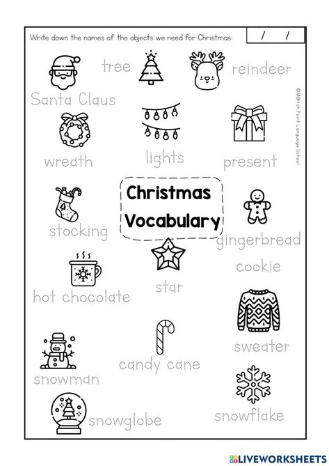 Christmas Exercises For Kids, Christmas Worksheets, Christmas Decorations For Kids, English As A Second Language (esl), Vocabulary Worksheets, Vocabulary Activities, Tracing Worksheets, English As A Second Language, Exercise For Kids