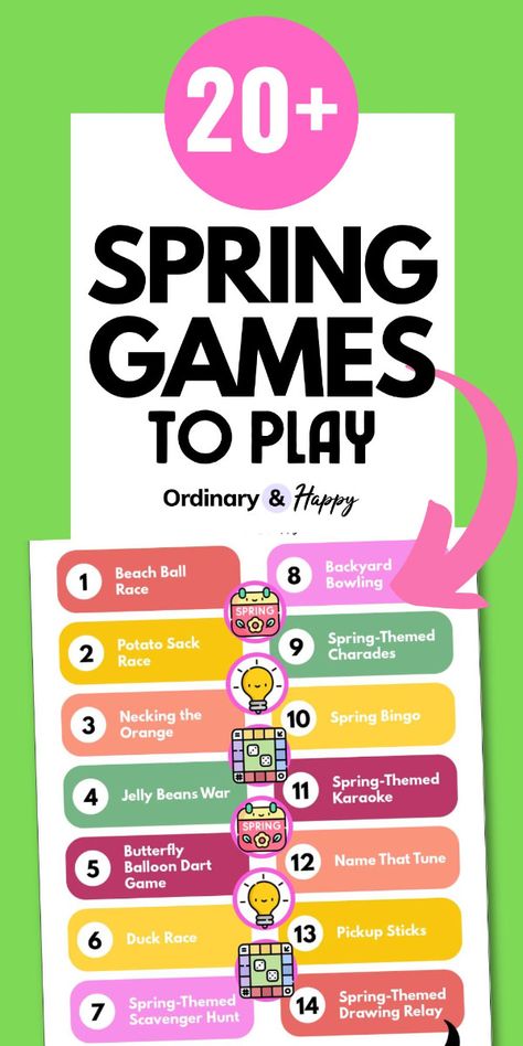 Make the most of the spring season with these spring game ideas (fun for everyone!) Spring Games For Adults, Spring Fling Games, Spring Festival Ideas, Spring Fling Ideas, Name That Tune Game, School Activity Ideas, Spring Potato, Egg And Spoon Race, School Festival