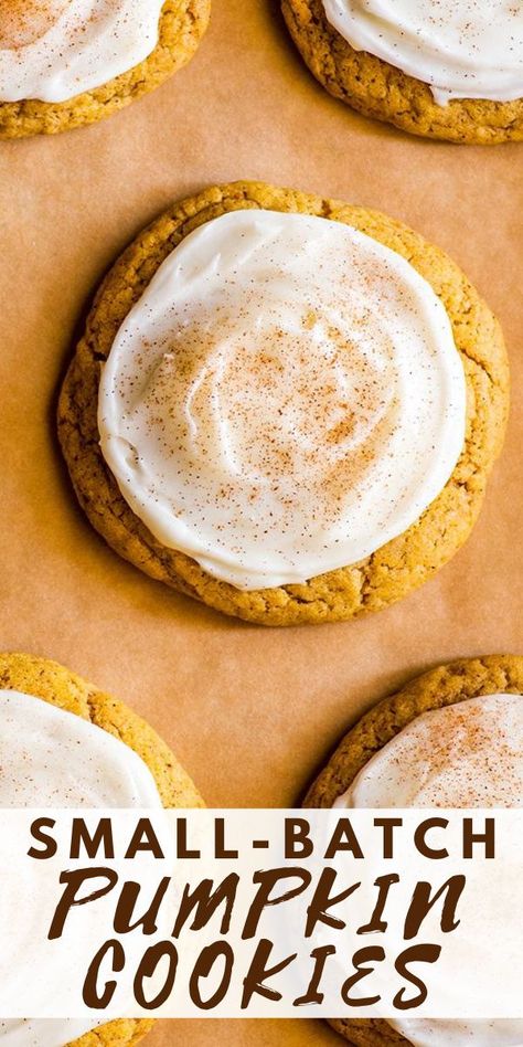 Soft and chewy Small-batch Pumpkin Cookies With Cream Cheese Frosting. These are the perfect fall cookies. Small Batch Fall Desserts, Small Batch Baked Goods, Small Batch Pumpkin Bars, Pumpkin Bars Small Batch, Small Batch Pumpkin Desserts, Small Batch Pumpkin Bread, Small Batch Pumpkin Cookies, Small Batch Pumpkin Recipes, Soft Batch Pumpkin Sugar Cookies