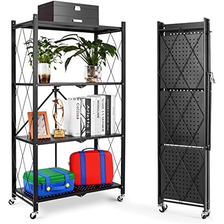 AmazonSmile: Foldable Shelving Unit Storage Rack on Wheels Large Capacity, Heavy Duty Steel 4-Shelf Organizer with Hooks, Black: Kitchen & Dining Shoe Cabinet Design, Coffee Pods Drawer, Stackable Shelves, Toilet Shelves, Kitchen Improvements, Apartment Storage, Metal Shelving Units, Shelf Organizer, Bathroom Storage Shelves