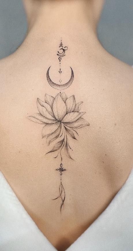 Unalome Tattoo, Moon Tattoo Designs, Spine Tattoos For Women, Spiritual Tattoos, Classy Tattoos, Lotus Tattoo, Back Tattoo Women, Subtle Tattoos, Spine Tattoos