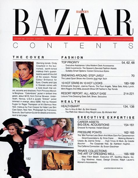 The Harpers Bazaar table of contents adds the masthead of there magazine to the top of the page.  This is something I haven't seen yet for the contents page in most magazines.  I like how there are photographs on the page, but a lot of the font seems very cramped and it might have been better to leaver one or two pictures out to give it some more space. Fashion Magazine Table Of Contents, Fashion Magazine Contents Page, Contents Page Magazine, Table Of Content Magazine, Magazine Content Page, Magazine Contents Page, Table Of Contents Magazine, Magazine Table Of Contents, Flat Plan