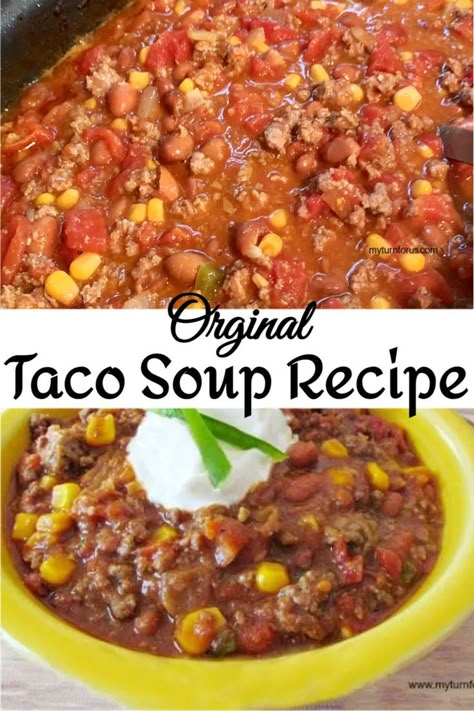 A 7 can Taco Soup Recipe that can be made in the slow cooker or on the stovetop. It’s an easy one-pot beef taco soup recipe with ranch dressing and rotel that is totally comforting. Taco Soup In Crockpot Ground Beef, The Best Taco Soup Recipe, Taco Soup With Ranch Style Beans, Taco Soup For A Crowd, Original Taco Soup Recipe, 7 Can Taco Soup Recipe Easy, Taco Soup Recipe On Stove, Taco Soup Recipe With Ranch Packet, Taco Soup With Ranch Packet