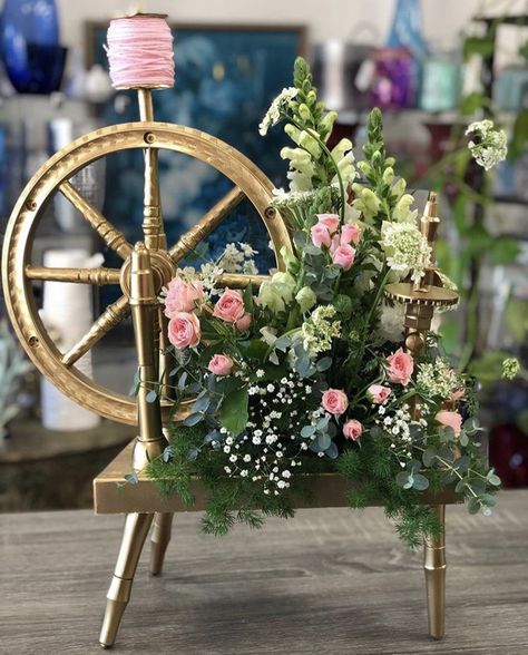 Old plastic spinning wheel toy spray painted gold for fairytale baby shower. Sleeping Beauty Xv Theme, Sleeping Beauty Table Decor, Once Upon A Time Sweet 16, Sleeping Beauty Wedding Centerpieces, Fairytale Prom Theme Once Upon A Time, Aurora Centerpiece Ideas, Princess Aurora Centerpiece Ideas, Sleeping Beauty Bridal Shower Ideas, Once Upon A Time Centerpieces