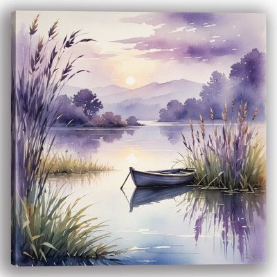 Transform your space with the peaceful ambiance of this wrapped canvas wall art, depicting a serene lakeside scene at dusk. With soft, calming tones of purple and blue, a solitary boat gently floats on still waters, surrounded by tall reeds and distant trees, all bathed in the gentle light of a setting sun. This tranquil artwork invites you to escape into nature's quiet moments, perfect for creating a calming atmosphere in any room. Ready to hang and made to order, supporting local artists and t Tranquil Artwork, Watercolour Nature, Loose Watercolour, Learn Watercolor Painting, River Painting, Learn Watercolor, Art Whimsical, Pastel Landscape, Watercolor Journal